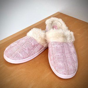 Spa Sister Pink Cable Knit and Faux Fur Slippers